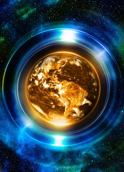 Planeet aarde in lichtcirkel, Kosmische Ruimte achtergrond. Computer collage. Aardeconcept. Elementen van deze afbeelding geleverd door NASA. — Stockfoto