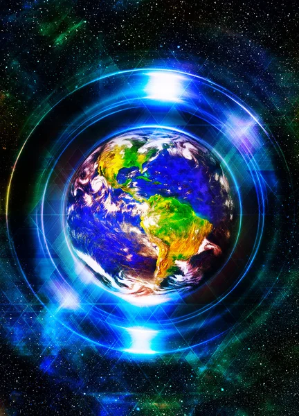 Planet earth in light circle with light triangle structure. Computer collage. Earth concept. Planet earth in light rays. Elements of this image furnished by NASA. — Stock Photo, Image