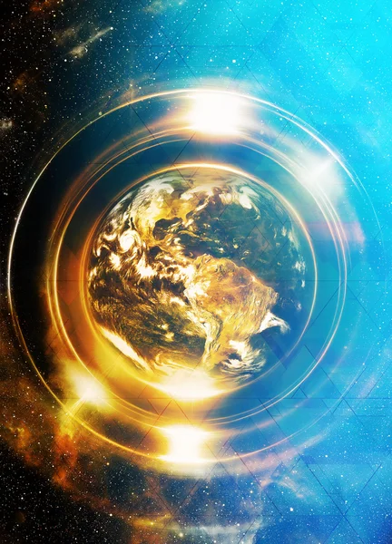 Planeta Tierra en círculo de luz con estructura de triángulo de luz. Un collage informático. Concepto Tierra. Planeta Tierra en rayos de luz. Elementos de esta imagen proporcionados por la NASA . —  Fotos de Stock