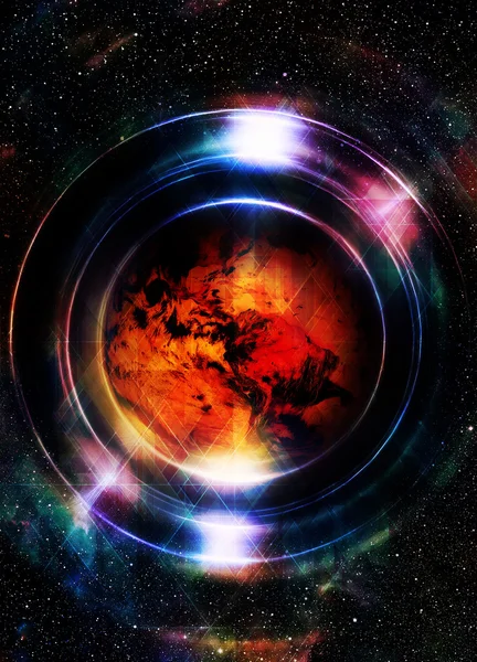 Föld bolygó fénykör, Kozmikus tér háttér. Számítógépes kollázs. Föld koncepció. A kép elemeit a NASA bocsátotta rendelkezésre. — Stock Fotó
