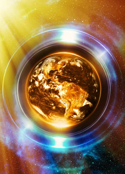 Planeet Aarde in lichte cirkel, Kosmische Ruimte achtergrond. Computer collage. Aardeconcept. Planeet aarde in lichtstralen. Elementen van deze afbeelding geleverd door NASA. — Stockfoto