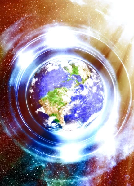 Planet Earth in light circle, Cosmic Space background. Computer collage. Earth concept. Planet earth in light rays. Elements of this image furnished by NASA. — Stock Photo, Image