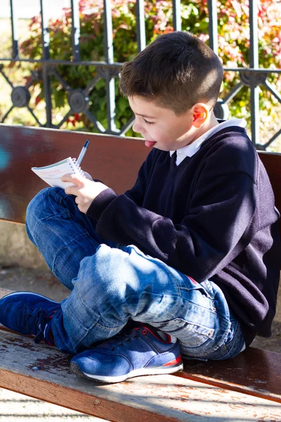 Jongen schrijft zorgvuldig in een notitieblok — Stockfoto