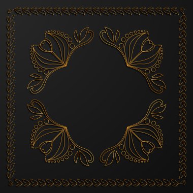Gold monogram on a black background. Gold square frame from leav