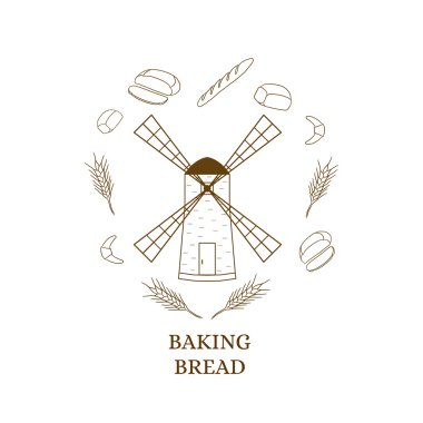 Windmill building. Bakery products. Linear style. Contour and sh
