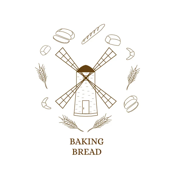 Windmill building. Bakery products. Linear style. Contour and sh — Stock vektor