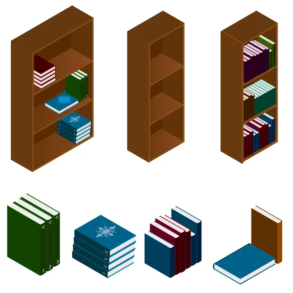 Bücherregale mit Büchern in isometrischer Form. Hochregale aus Holz — Stockvektor