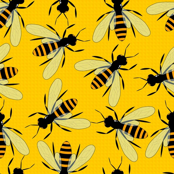 Bees seamless pattern. Bright yellow background with large bees. — Stock Vector