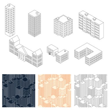 Lineer isometrik binalar kümesi. Okul, anaokulu, Uni