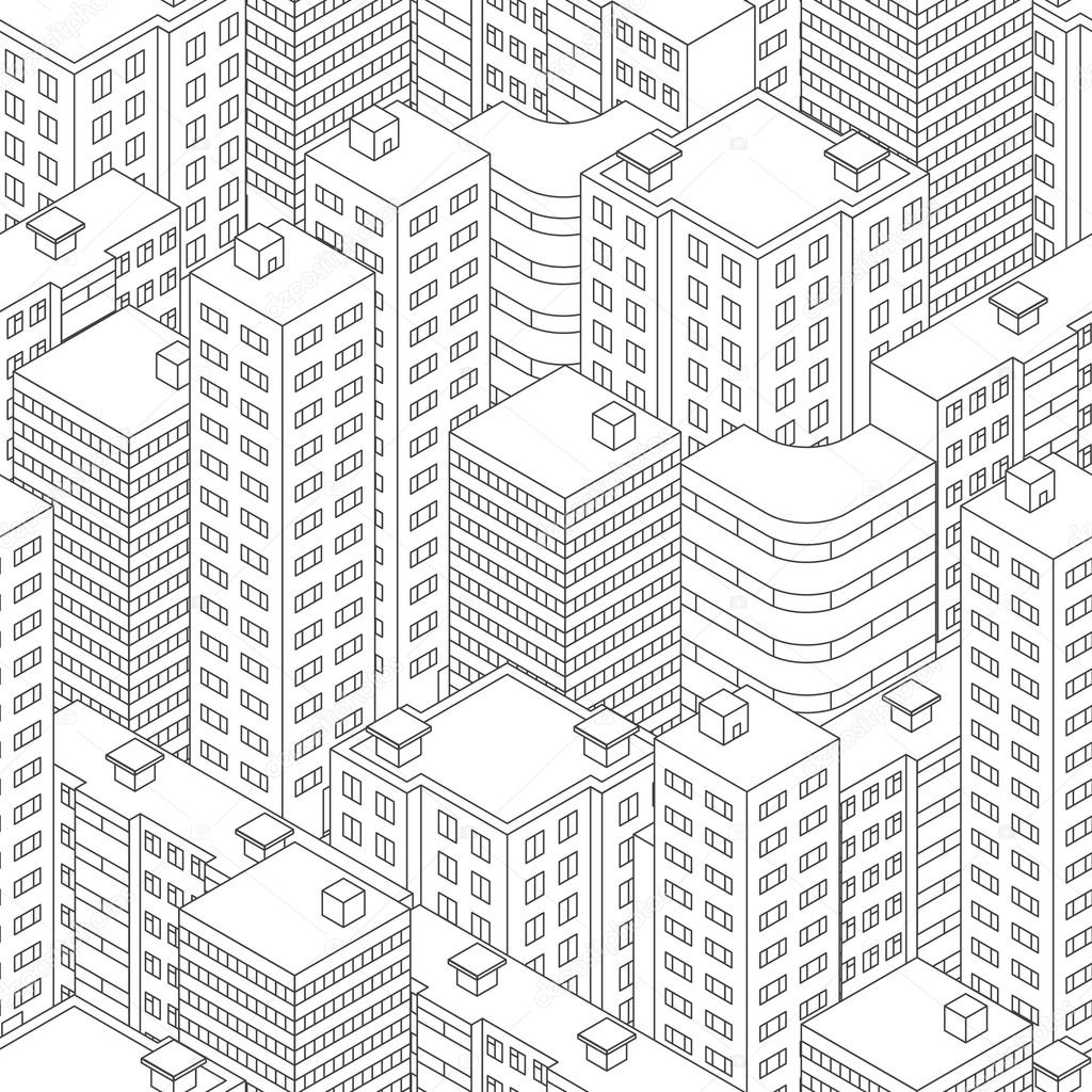 Town in isometric view. Seamless pattern with houses. Linear sty