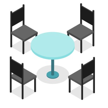 Dört siyah sandalye ve mavi yuvarlak masa. Düz izometrik. 