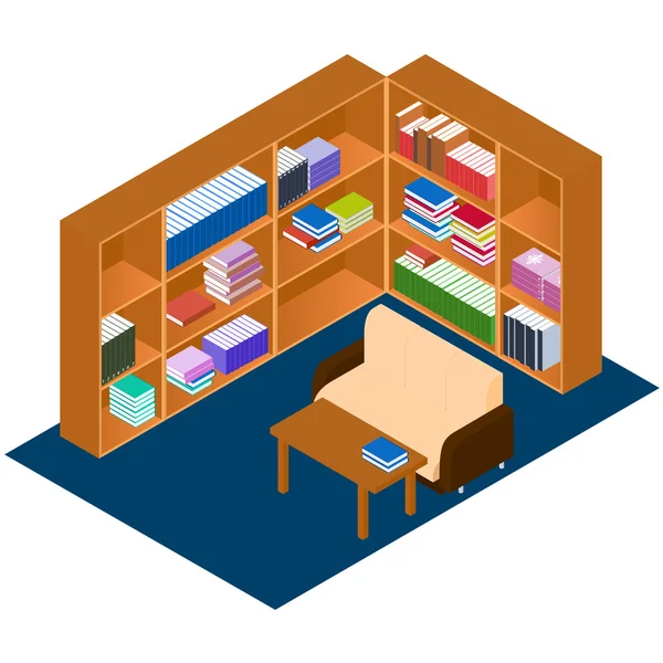 Library isometric. Comfortable place for reading books. — Stock Vector