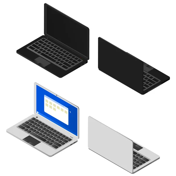 Isometric set of laptops. Black and silver computers. — Stock Vector