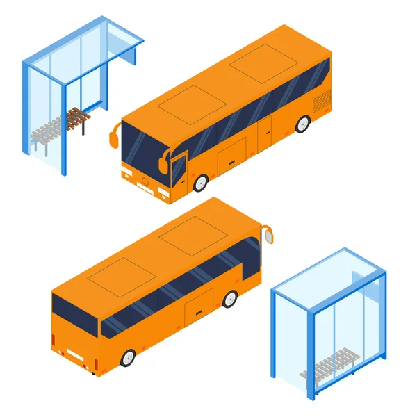 Isometric tourist bus and blue bus stop. — Stock Vector