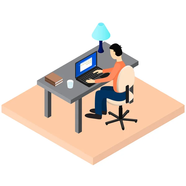 A freelancer works. Workplace. Home workspace. A man sits at a D — Stock Vector