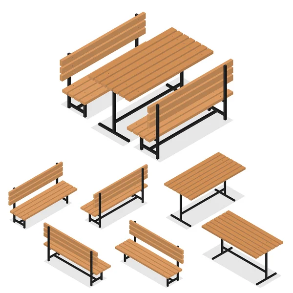 Bänke und ein Tisch. flach isometrisch. Ein Ort zum Ausruhen — Stockvektor
