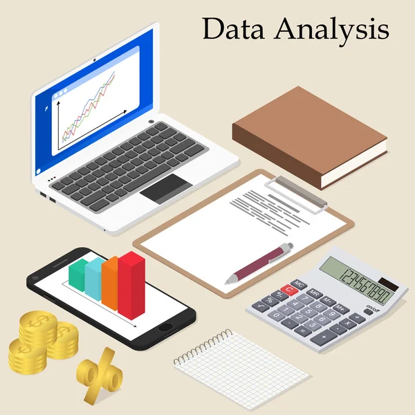 Análisis de datos. Piso isométrico. Portátil con gráficos . — Archivo Imágenes Vectoriales