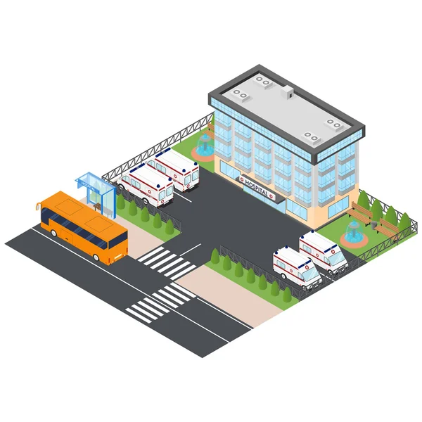 Ambulancia y hospital en el isométrico . — Vector de stock