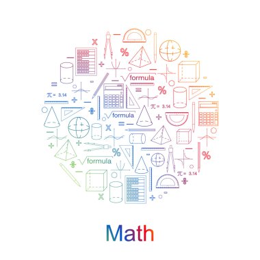 Matematik simgeleri kümesi. Parlak renkler. Doğrusal stil.