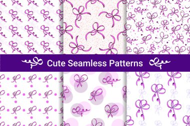 Six seamless patterns with bows. White background.
