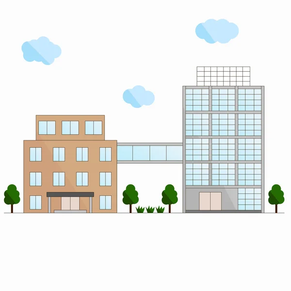 Two buildings. The connection bridge. The flat design. — ストックベクタ