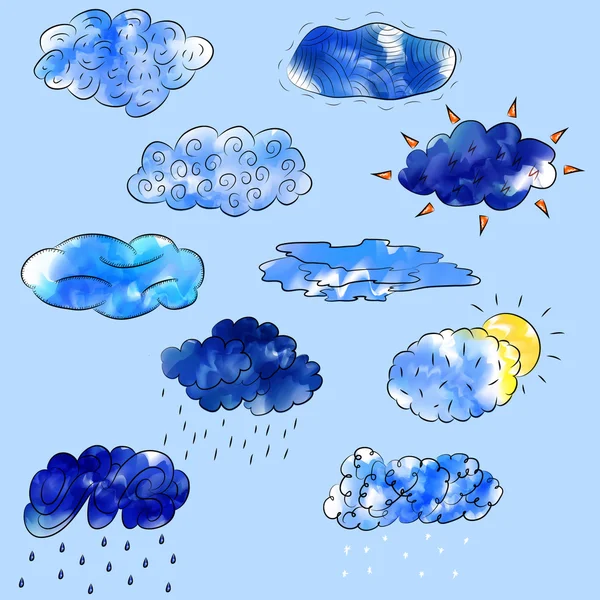 Set of clouds. Rain, snow, sun, thunder. Digital watercolor. — Stock Vector