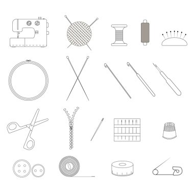 The set of items for needlework. The linear design. clipart