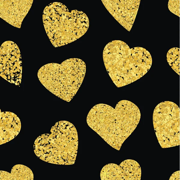 Golden Heart seamless pattern. Black background. — Stok Vektör