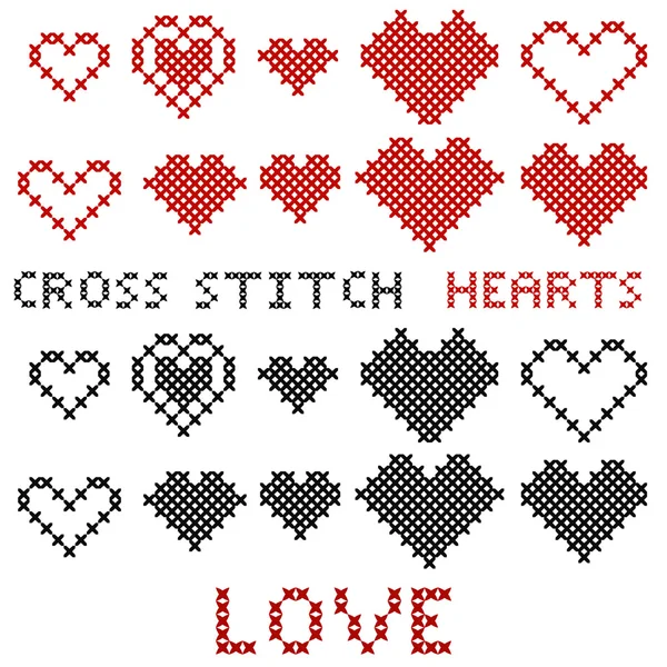 Set of hearts. Cross-stitch. Red and black silhouette. — Stockový vektor