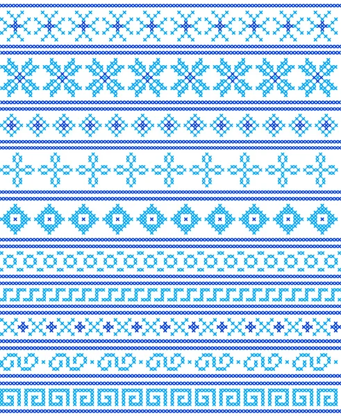 Cross-stitch. Crafts and Hobbies. Blue seamless borders and fram — Stok Vektör