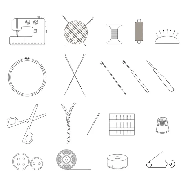 The set of items for needlework. The linear design. — Stock Vector