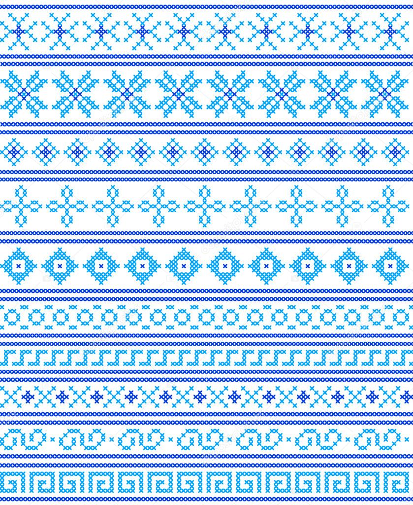 Cross-stitch. Crafts and Hobbies. Blue seamless borders and fram