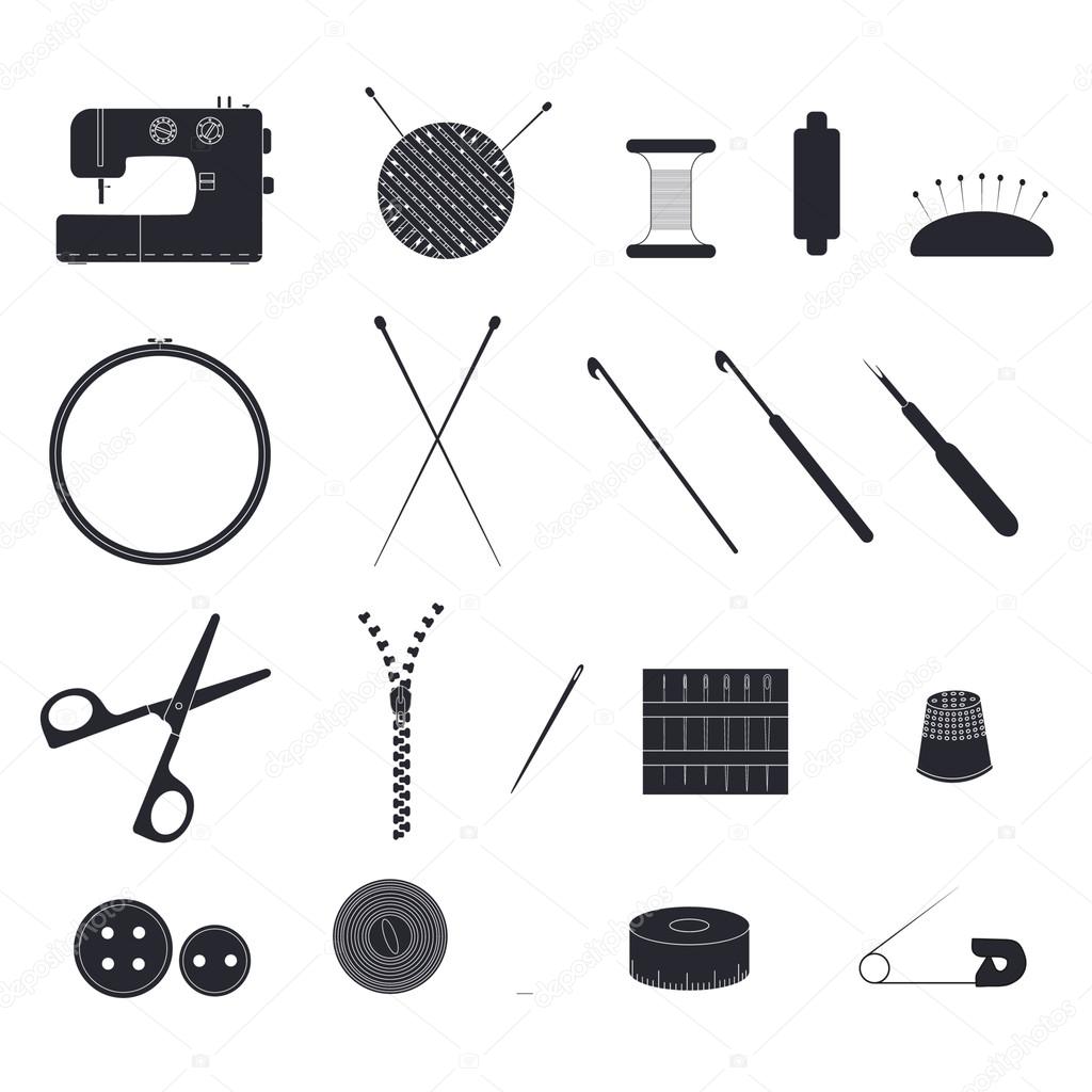 Set of items for needlework. The linear design. Silhouettes of o