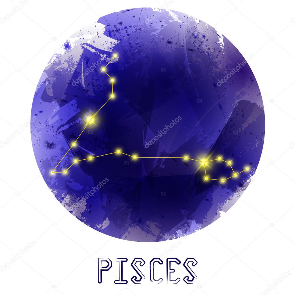 The Constellation Of Pisces. Starry sky. Dark watercolor backgro