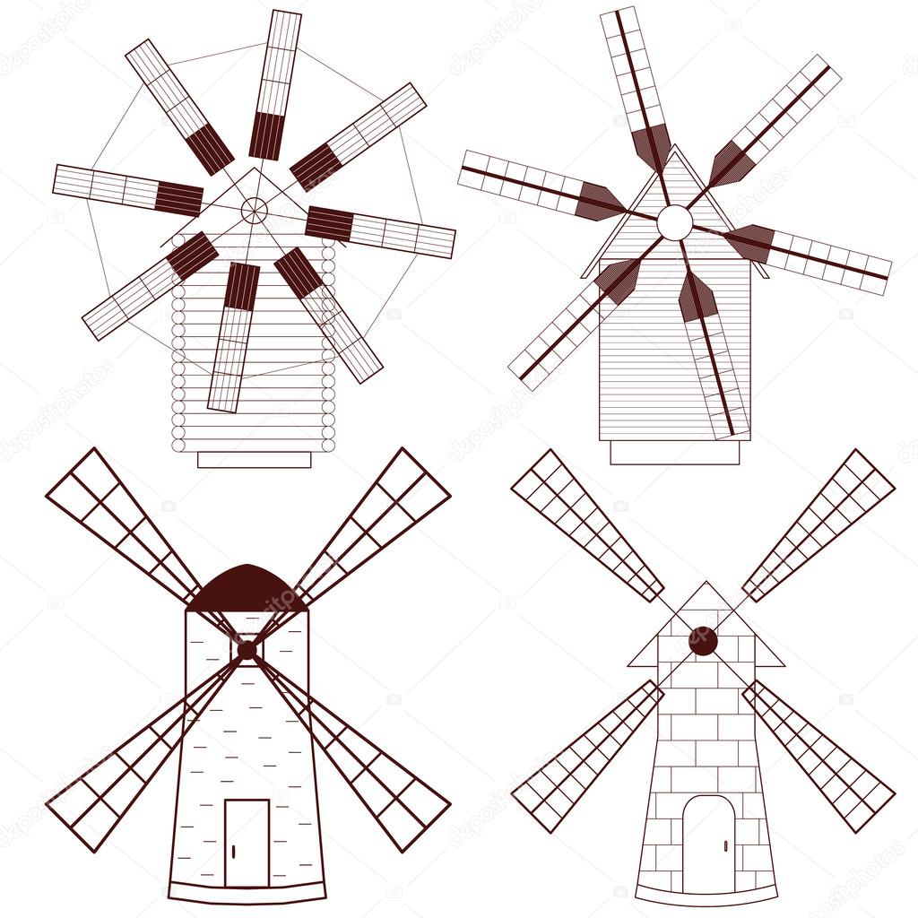 Set of Wind Mill. Buildings for grinding flour. The production of bread. Icon design for your company. Mills with different wings. Dark red color. Wind energy. Vector illustration.