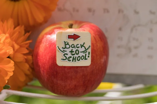 Okul Konseptine geri dönelim. Taze Kırmızı Elma, Metin, Güzel Portakal Çiçekleri ve Bulanık Takvim ile Yaratıcı Makro Dekorasyon. Güneşli Akademik Gün.