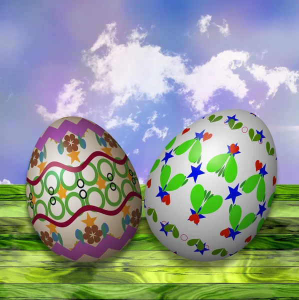 Wooden cracked background with Easter eggs, blue sky and clouds — Stock Photo, Image