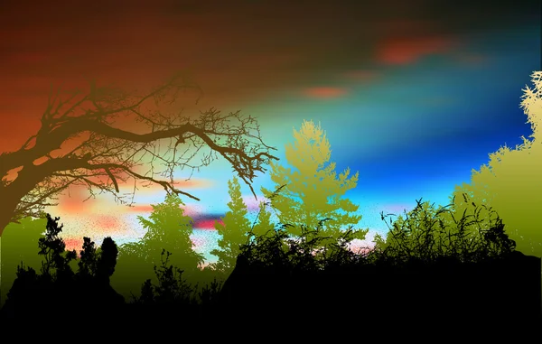 Paysage forestier sauvage avec ciel, silhouettes d'arbres, branches et plantes — Image vectorielle