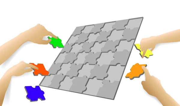 Tablero con rompecabezas y cuatro manos — Vector de stock