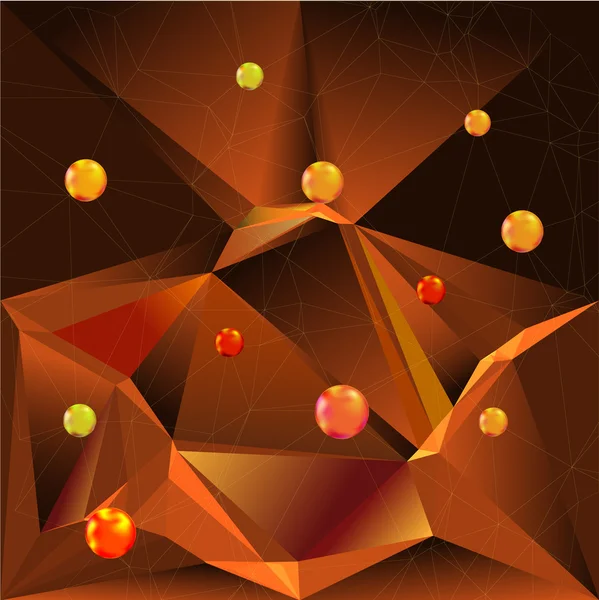 Fondo abstracto de polígonos brillantes, bolas rojas y doradas y rejilla poligonal — Vector de stock