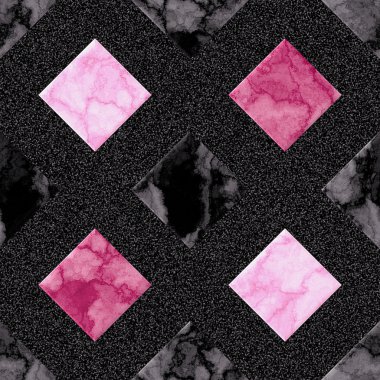 Soyut Dikişsiz pembe mermer desen kareler siyah taneli zemin