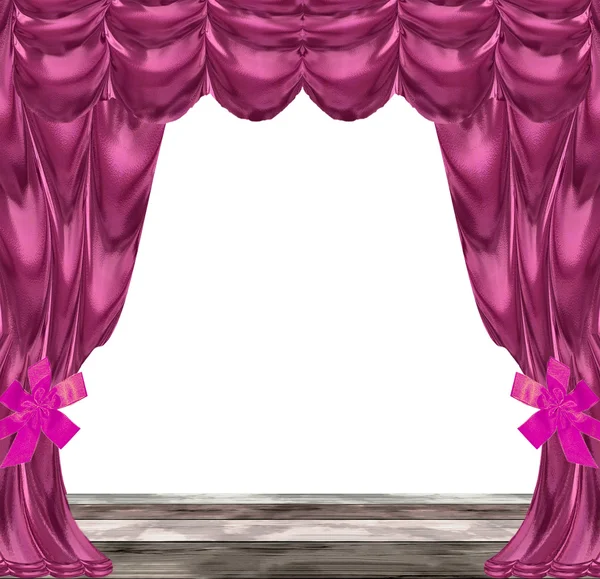 Folded pink and purple curtains with ribbons and wooden floor — Stock Photo, Image