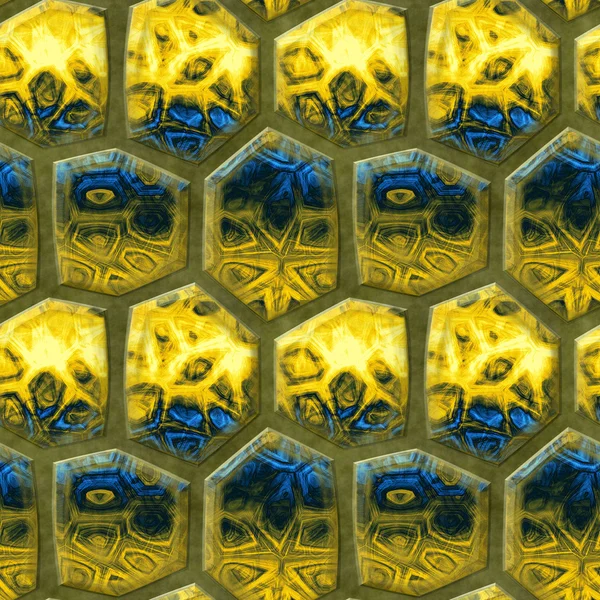 Motif de sol pavé sans couture de pierres polygonales avec mosaïque abstraite jaune et bleue — Photo