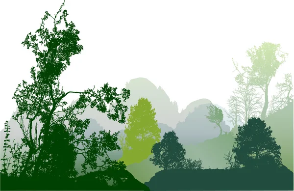Pemandangan panorama dengan pohon hijau dan hijau gelap gugur dan tanaman - Stok Vektor
