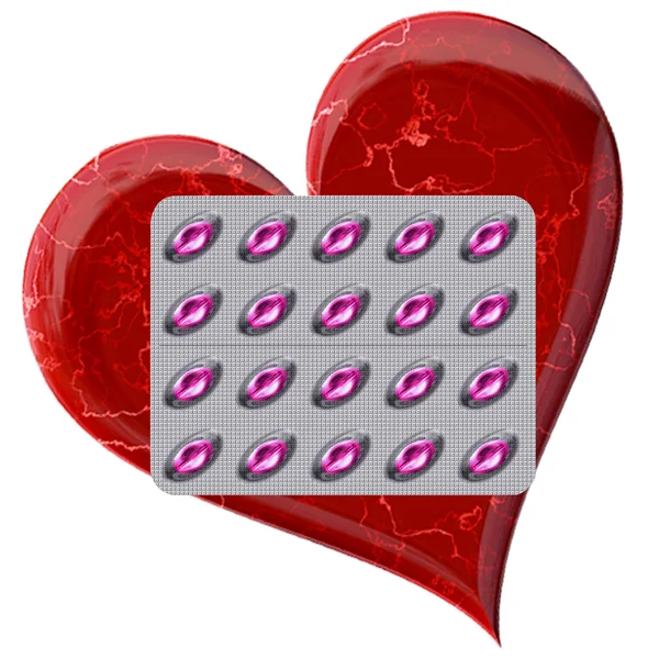 Розовые таблетки на серебряной тарелке с красным сердцем — стоковое фото