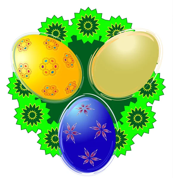 Three colored Easter eggs with green wreath — Stock Vector