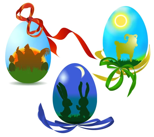 Uova di Pasqua con sagome di animali e nastri — Vettoriale Stock