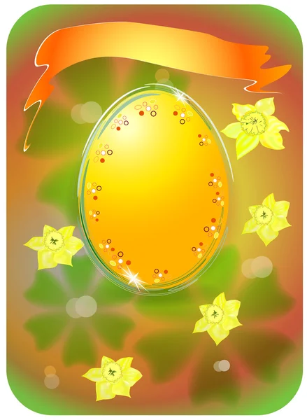 复活节金蛋、 水仙花和绿色的树叶背景 — 图库矢量图片