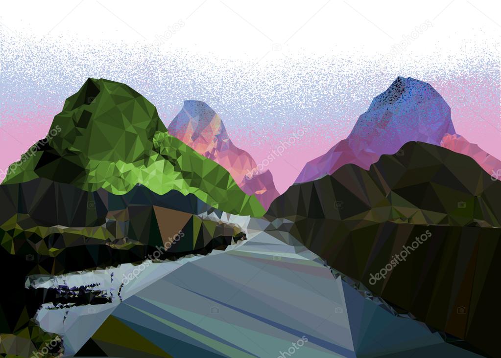 Misty mountain landscape of polygons with a road