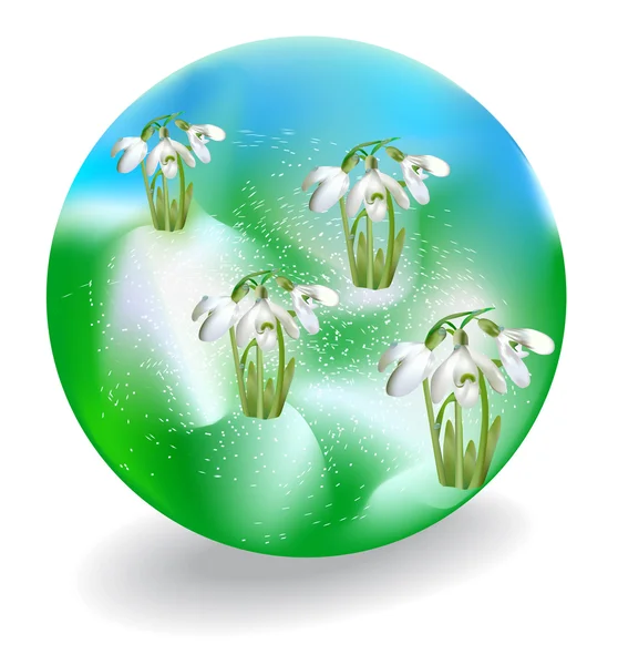 Glass ball with snowdrops and flying snow — Stock Vector